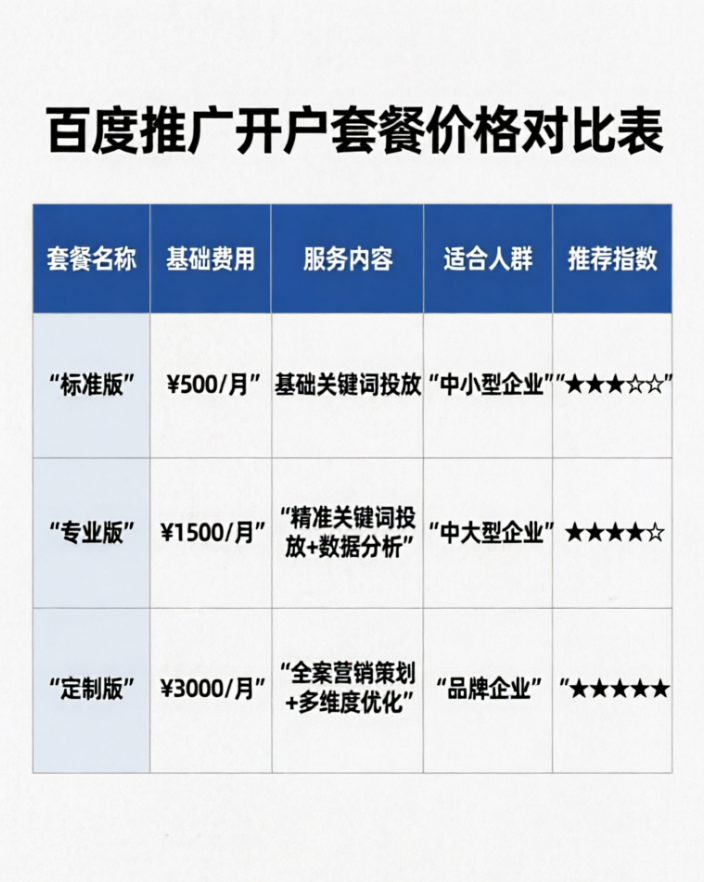 百度推广开户套餐价格对比表